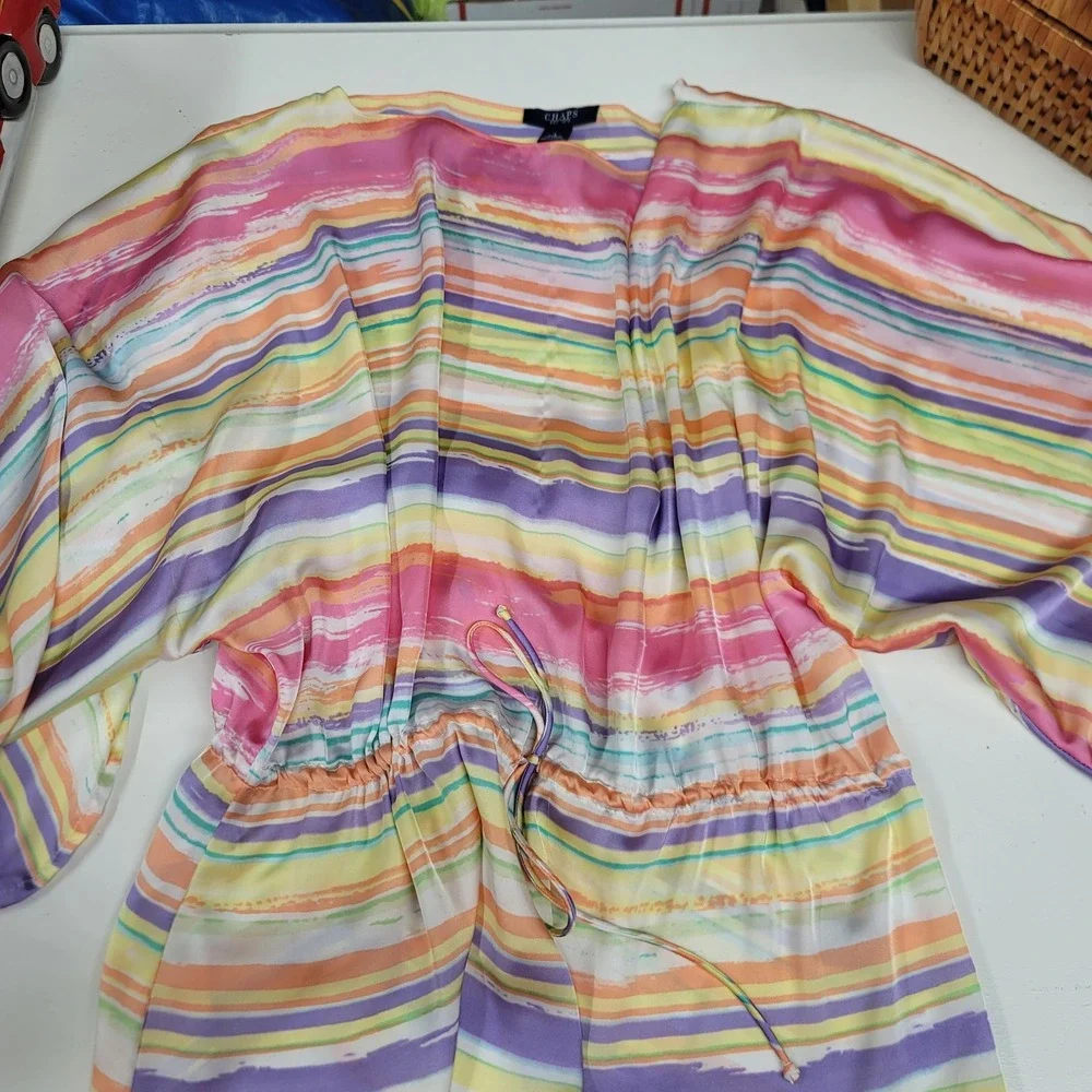 Chaps Pastel Watercolor Striped Caftan Dress Top CoverUp Beach Pool Resort Large